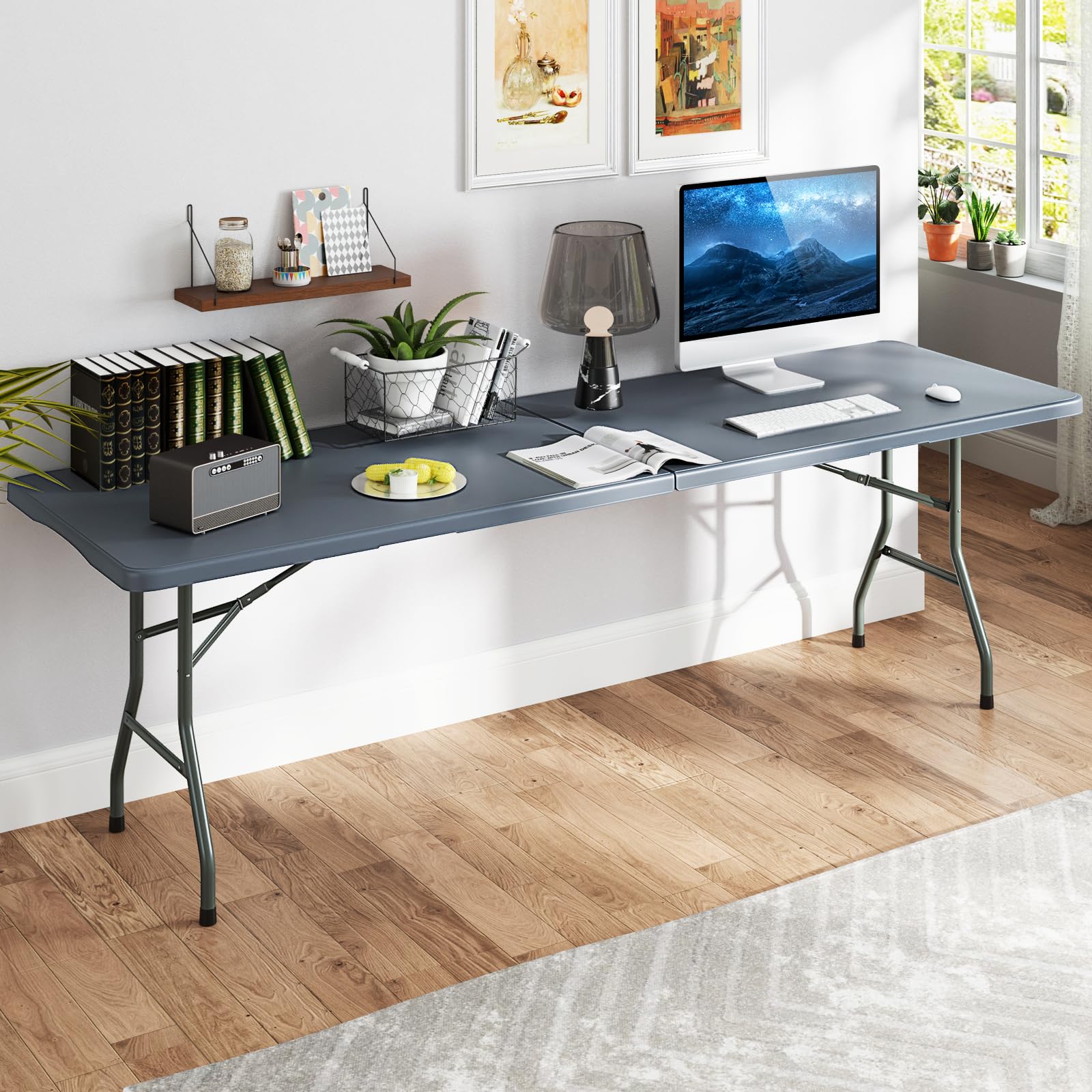 8ft Plastic Folding Table, 350 LBS Outdoor Heavy Duty Folding Tables with HDPE Tabletop, Handle