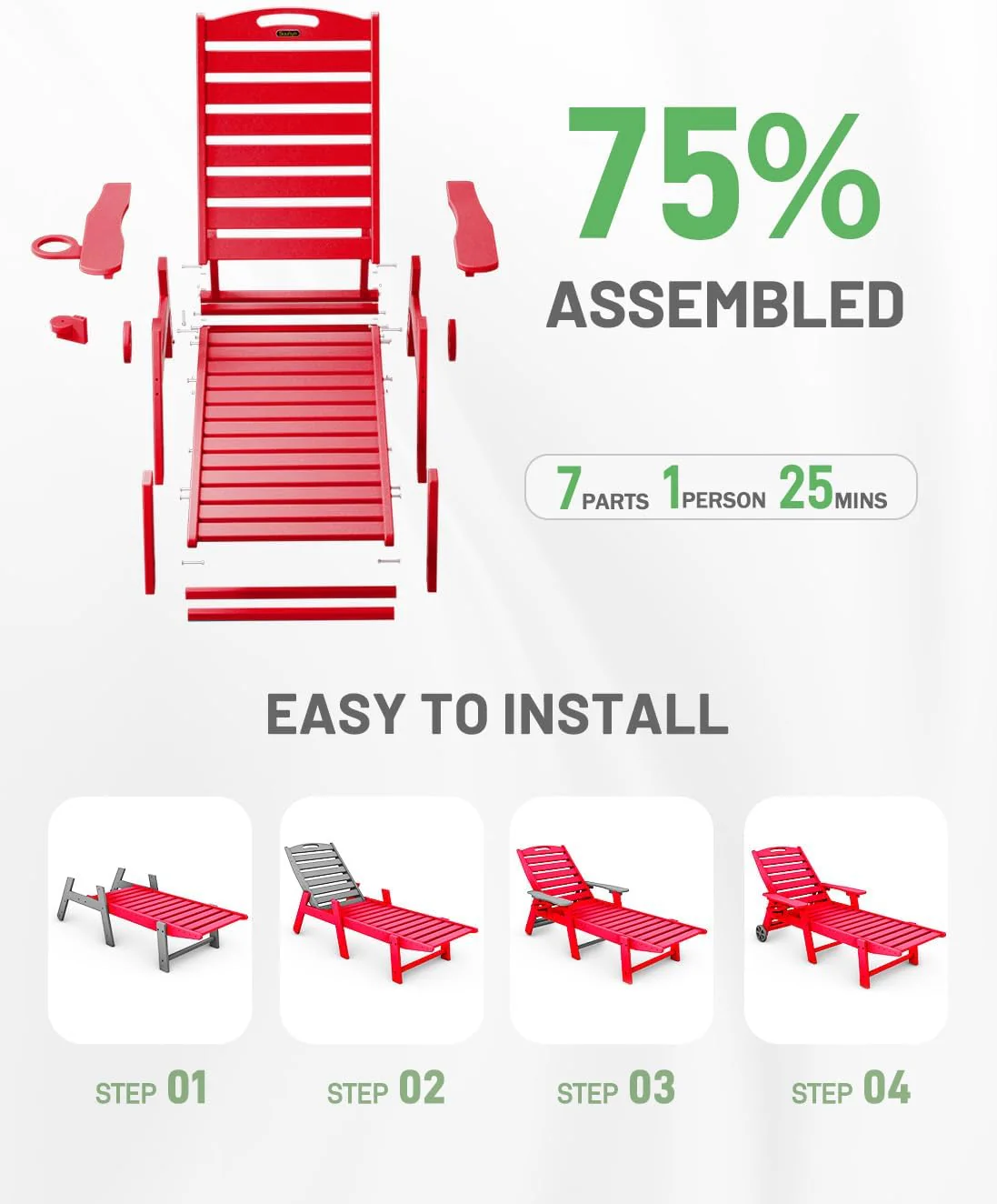 Lounge Chair Outdoor, Chaise Lounge, HDPE 6-Position Outdoor Chaise Lounge, Patio Lounge Chair with Wheels & Cup Holder for Pool Poolside Deck Backyard, Teak