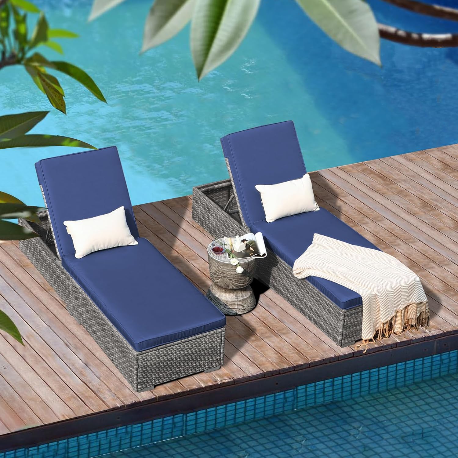 Patiorama Outdoor Patio Lounge Chair, Elegant Reclining Adjustable Pool Rattan Chaise Chair with Beige Cushion, Brown PE Wicker, Steel Frame, Set of 2