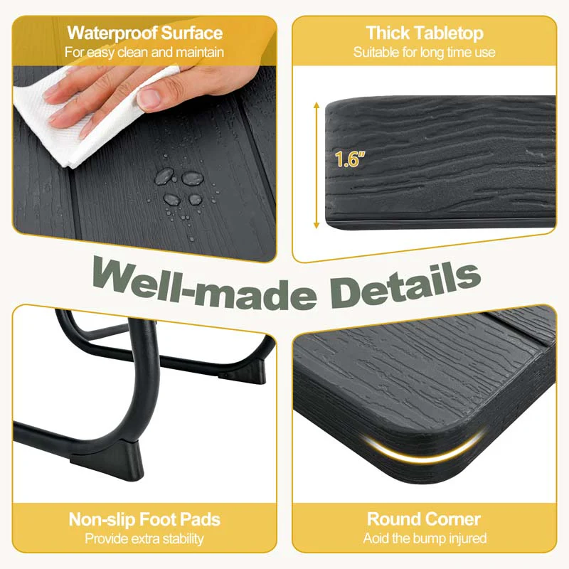8 Person HDPE Outside Table & Bench Set, Outdoor Square Picnic Table with 4 Built-in Benches, Umbrella Hole, Metal Frame