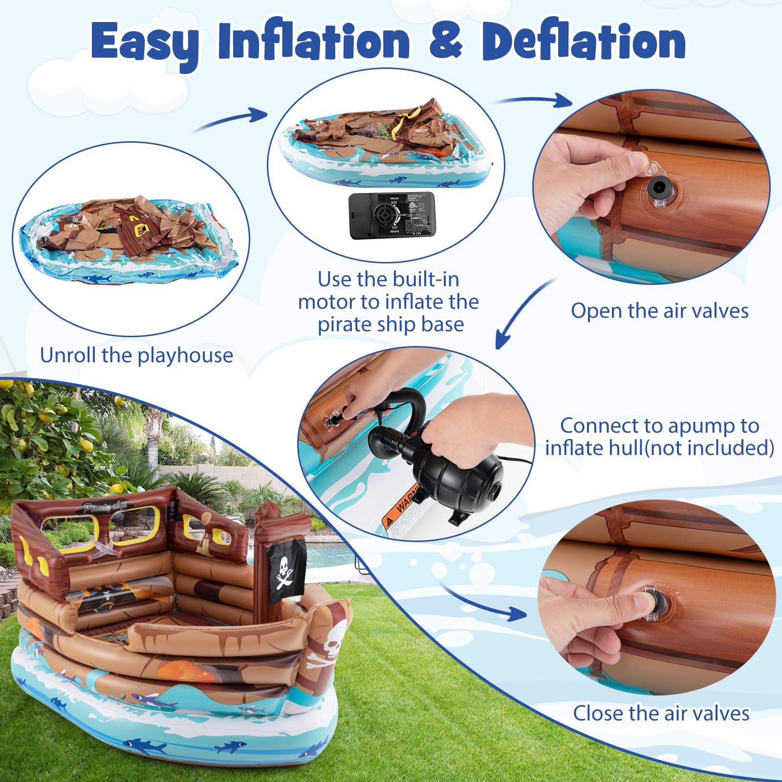 Inflatable Pirate Ship, Blow up Playscape with Built in Motor