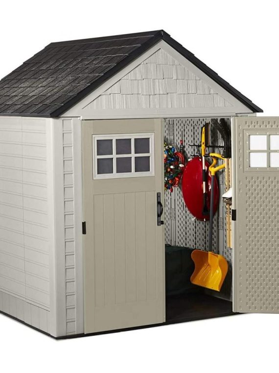 Rubbermaid 7��7 Ft Durable Weather Resistant Resin Outdoor Garden Storage Shed with Windows and Utility Hooks, Sand