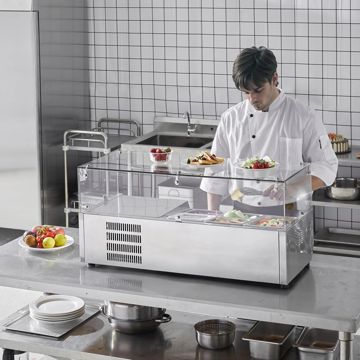 Refrigerated Condiment Prep Station, 135 W Countertop Refrigerated Condiment Station, with 2 1/3 Pans & 4 1/6 Pans, 304 Stainless Body and PC Lid, Sandwich Prep Table with Stainless Guard, ETL