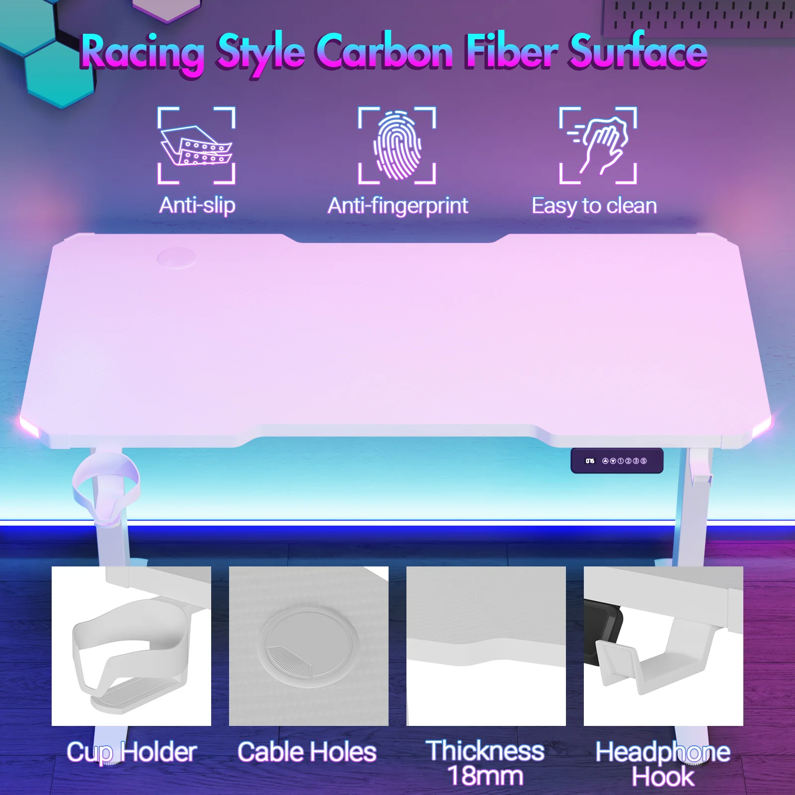 Electric Standing Gaming Desk RGB LED White