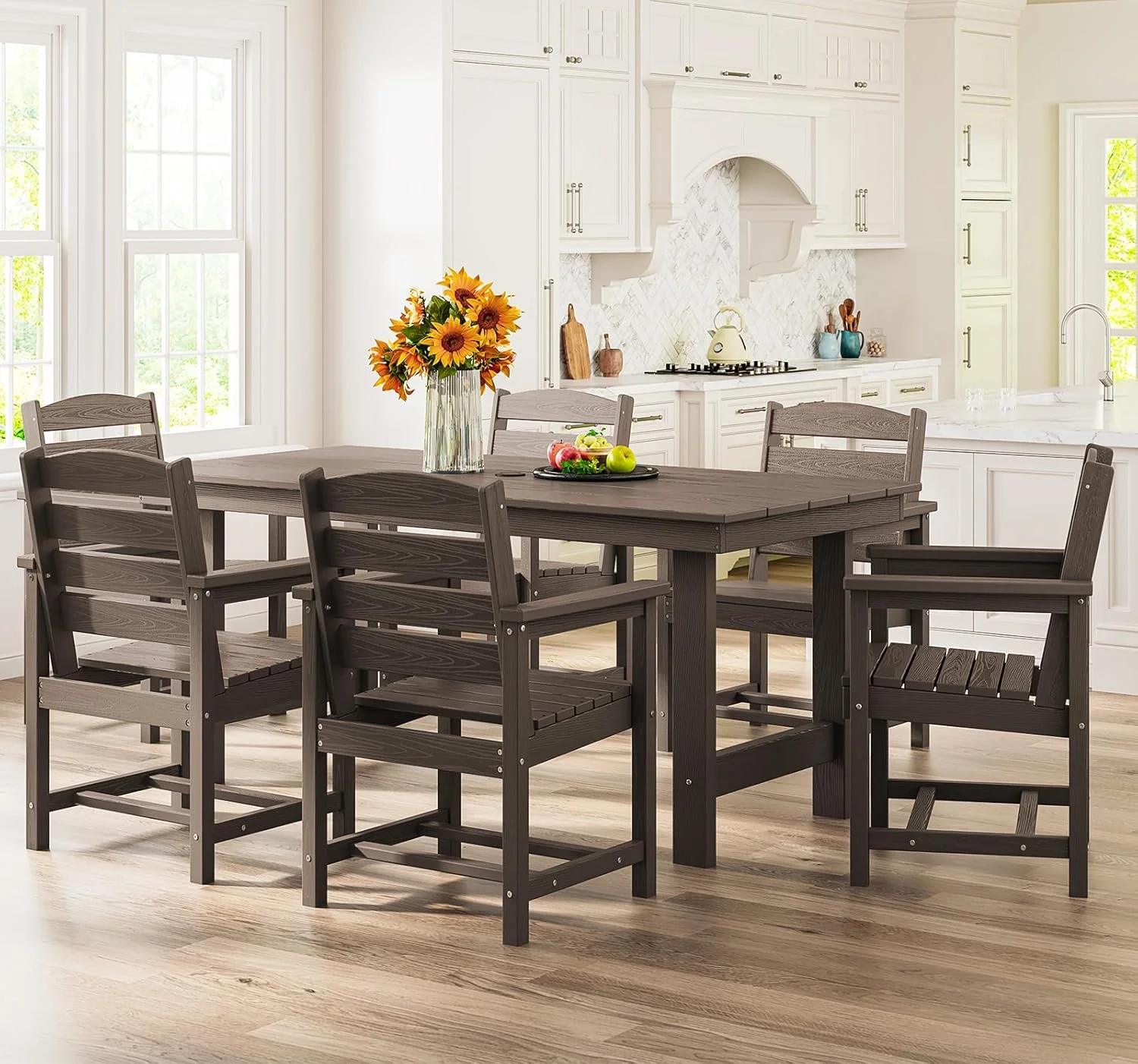 7-Piece Patio Table Set, Outdoor HDPE Dining Furniture with Umbrella Hole, All Weather Table and Chairs for Lawn, Garden, Poolside, Aruba