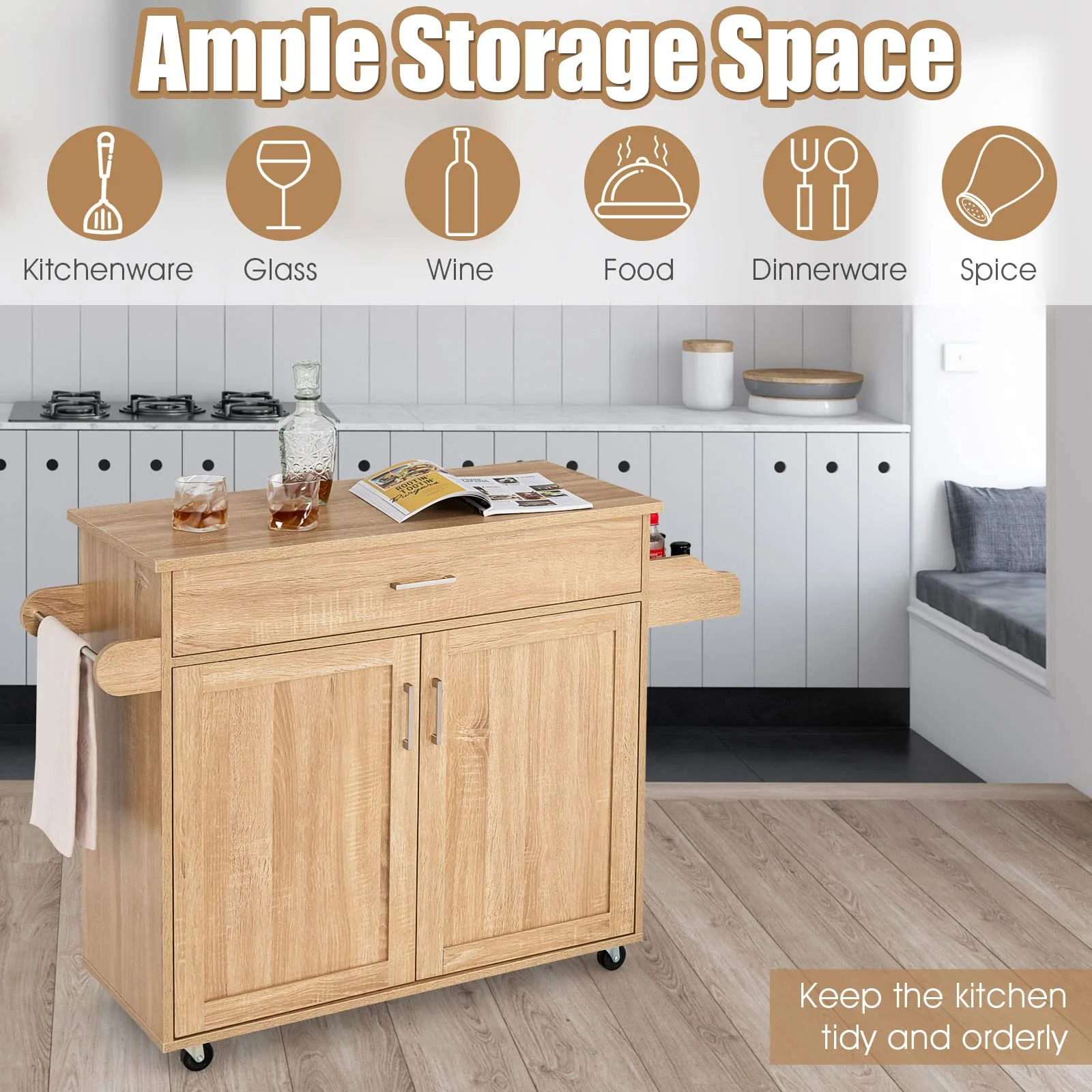 Giantex Wooden Rolling Kitchen Island, Storage Cart Trolley w/ Adjustable Shelf, Spice Storage Sgelf, Towel Rack & Drawer