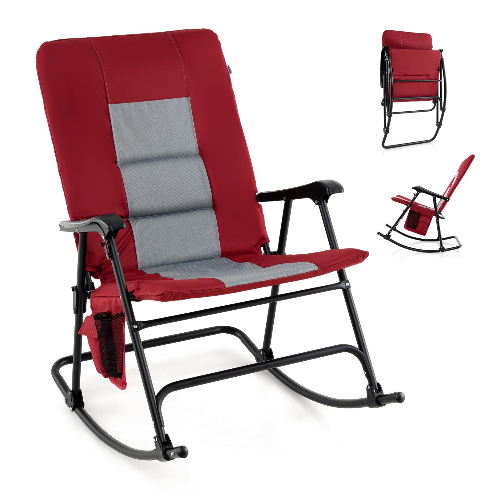 Oversized Folding Rocking Chair, Padded Patio Lounge Rocker w/Metal Frame, Armrests, Side Pocket