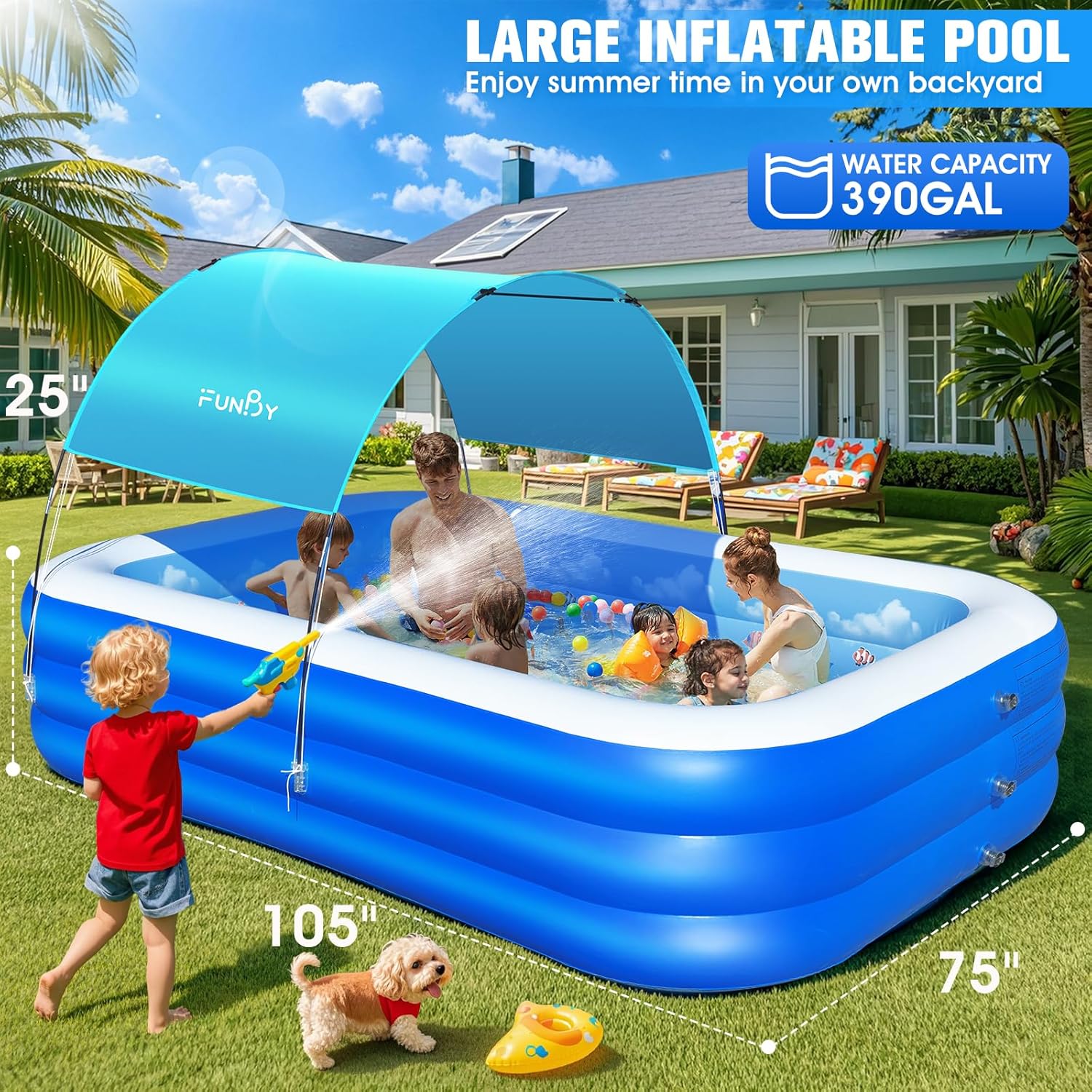 Inflatable Pool with Canopy,Upgraded Inflatable Swimming Pool for Kids,Adult,Large Inflatable Blow up Pools,Ocean Theme Oversized Thickened 105