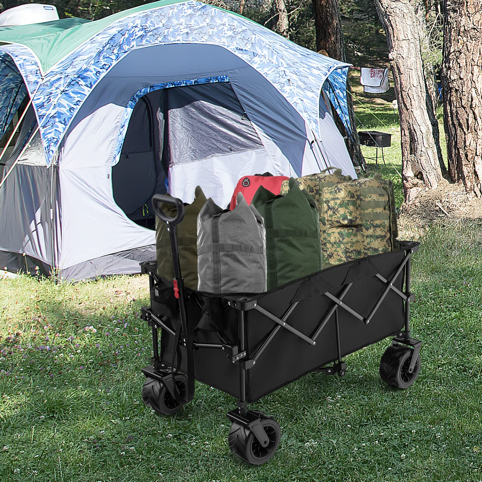 Collapsible Wagon Cart, Foldable Heavy Duty Utility Wagon with Adjustable Handle