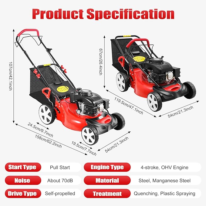 Self Propelled Gas Lawn Mower, 20-Inch 140cc OHV Engine 3-in-1 Gas Mower,Adjustable Cutting Height for Sports Fields, Community Greening, Municipal Greening