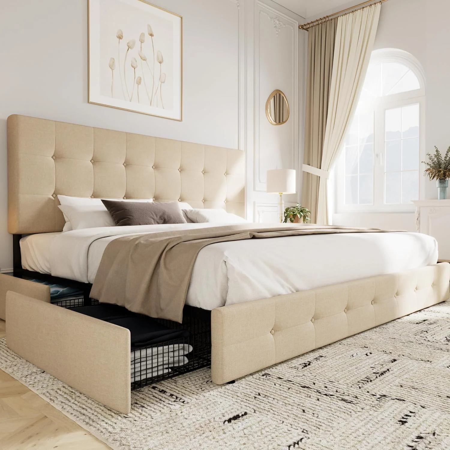 Upholstered Queen Size Platform Bed Frame with 4 Storage Drawers and Headboard, Square Stitched Button Tufted, Mattress Foundation with Wooden Slats Support, No Box Spring Needed, Light Grey