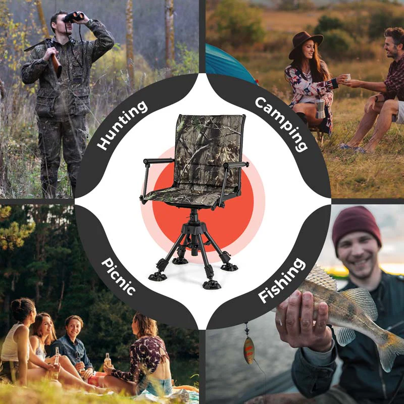 360�� Swivel Silent Folding Hunting Blind Chair for Shooting Fishing, Portable Sniper Seat with 4 Adjustable Legs, All-Terrain Foot Pads