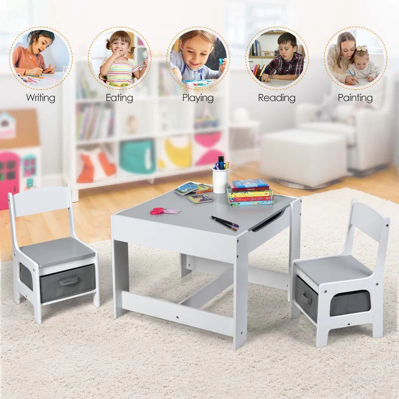 3-in-1 Kids Wood Table Chairs Set with Blackboard & Storage Drawers, Children Multi Activity Table for Learning Playing Drawing