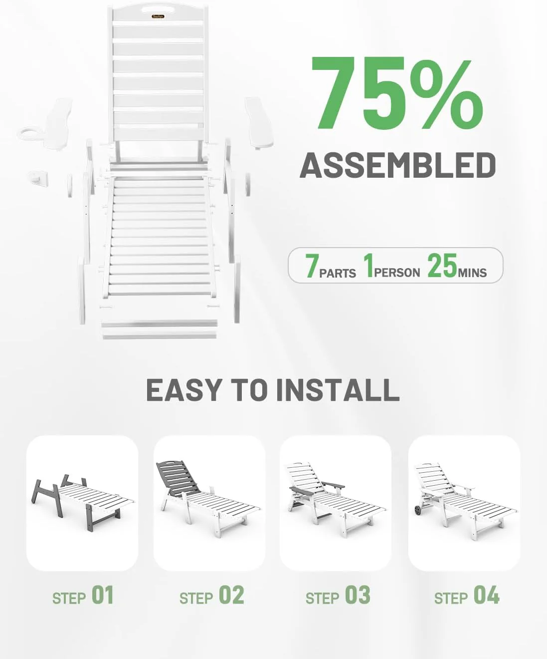 Lounge Chair Outdoor, Chaise Lounge, HDPE 6-Position Outdoor Chaise Lounge, Patio Lounge Chair with Wheels & Cup Holder for Pool Poolside Deck Backyard, Teak