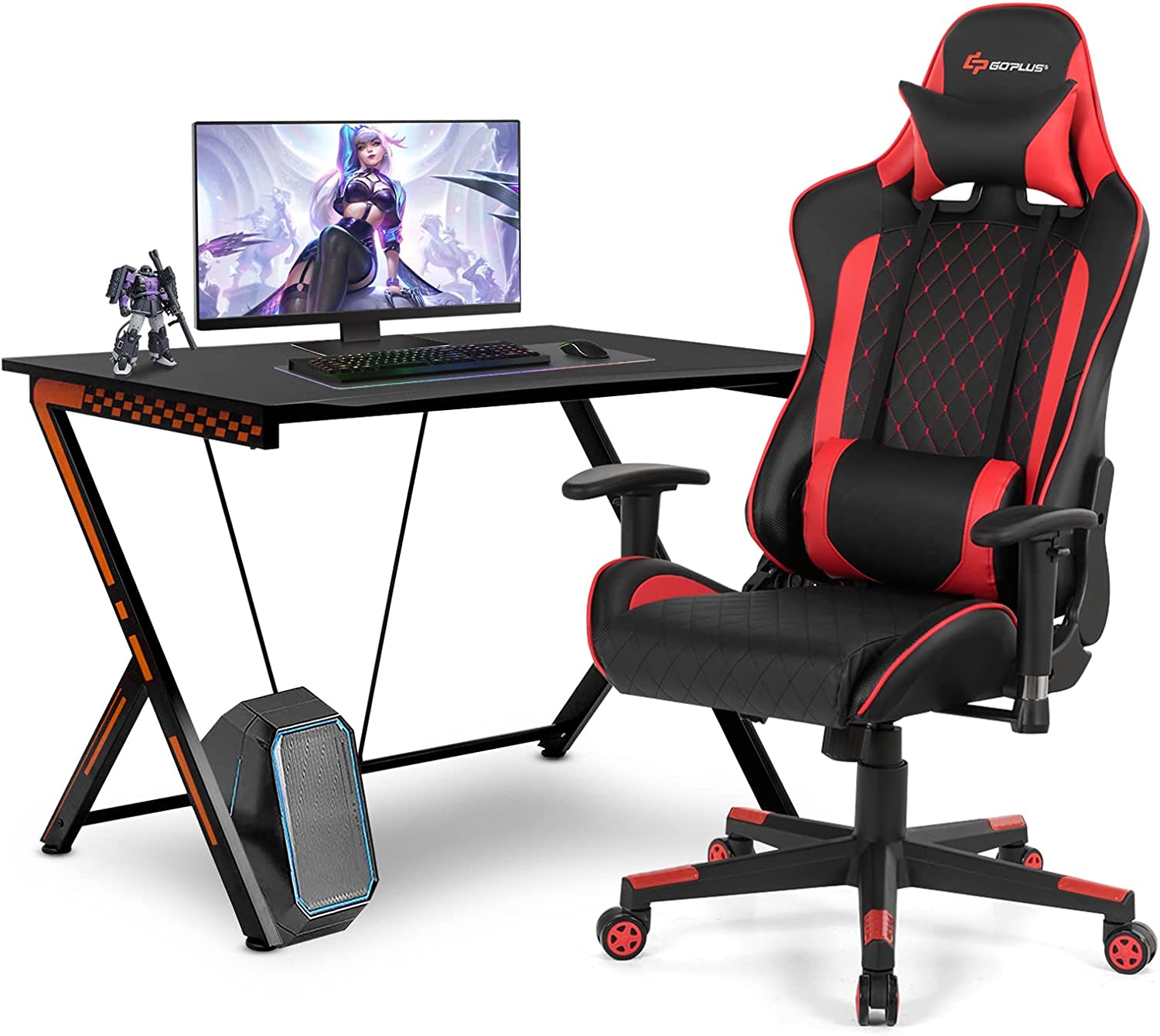 Gaming Desk & Chair Combo Set, Racing Style Home Office Gamer Workstation w/Massage Lumbar Support & Headrest