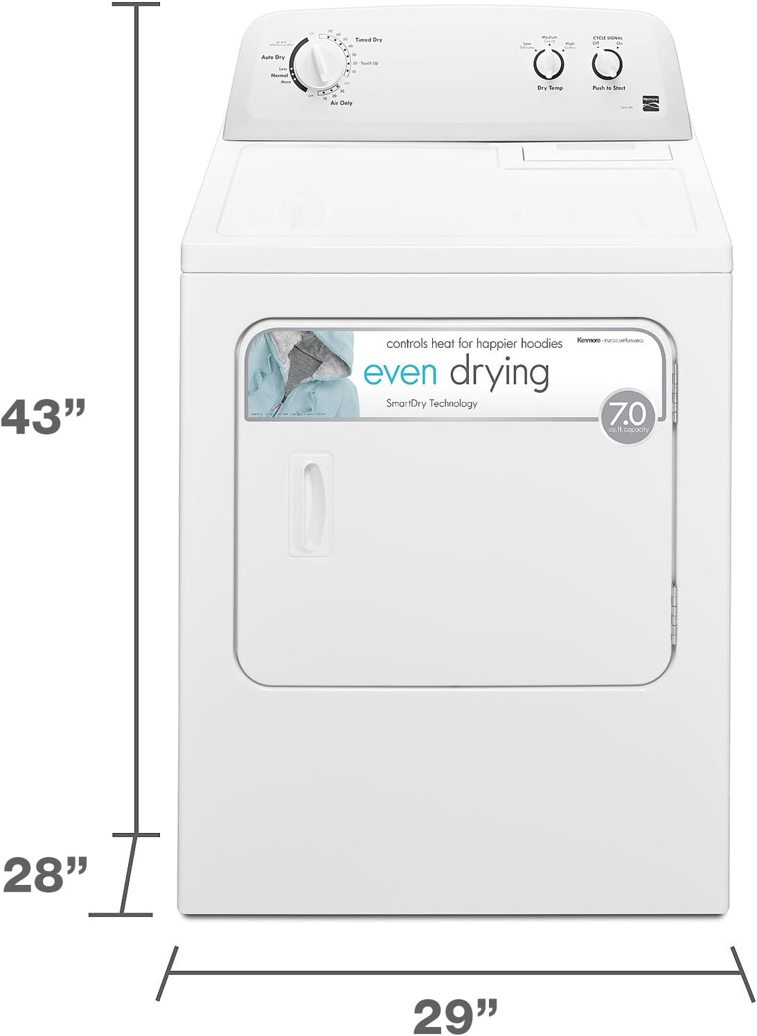 29��� Front Load Electric Dryer with Wrinkle Guard and 7.0 Cubic Ft. Total Capacity, White