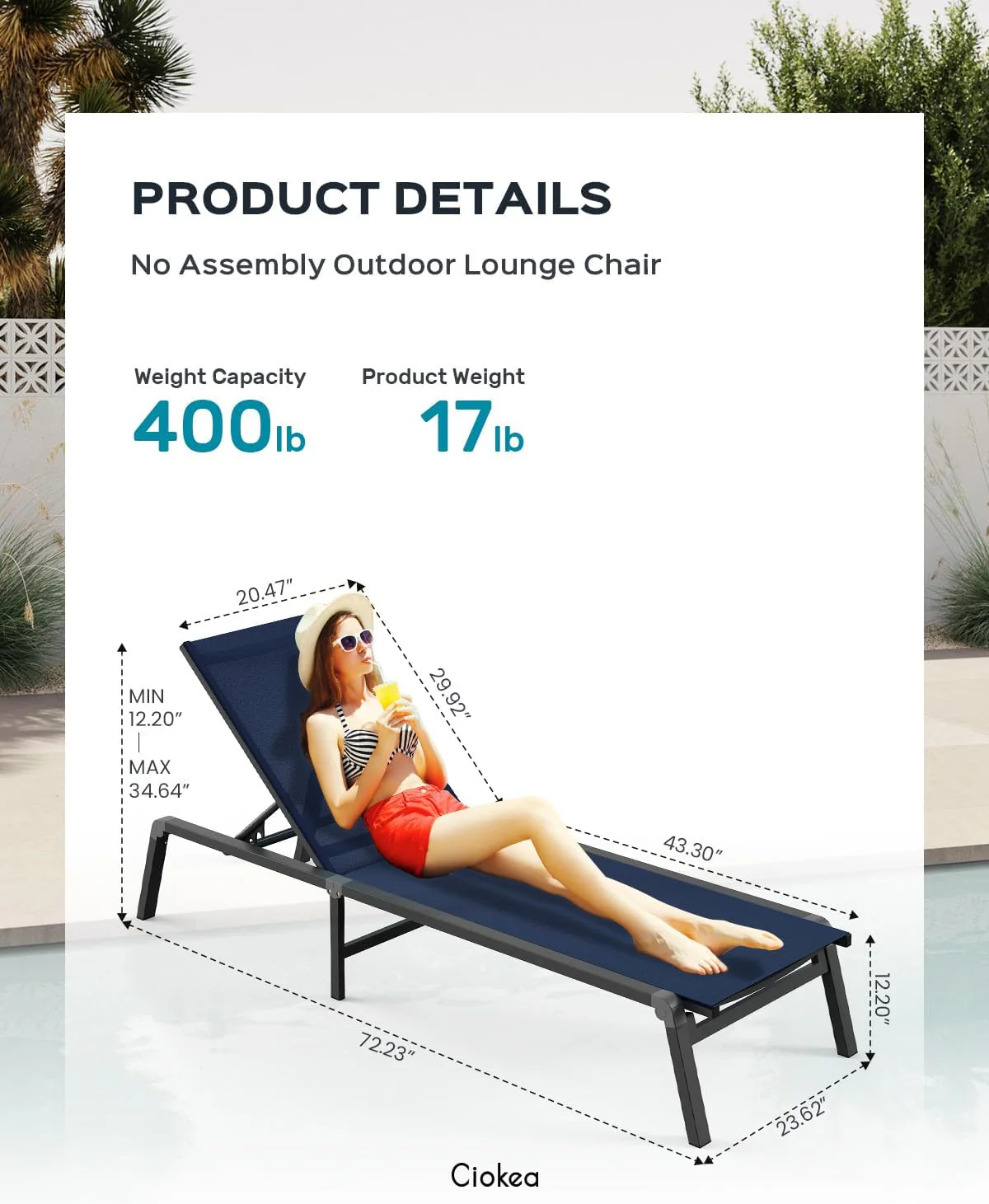 Aluminum Chaise Lounge Ourdoor - Foldable & Assemble Free Outdoor Lounge Chair with 5 Adjustable Backrest, Patio Lounge Chair for Outside Poolside Beach Pool, Black
