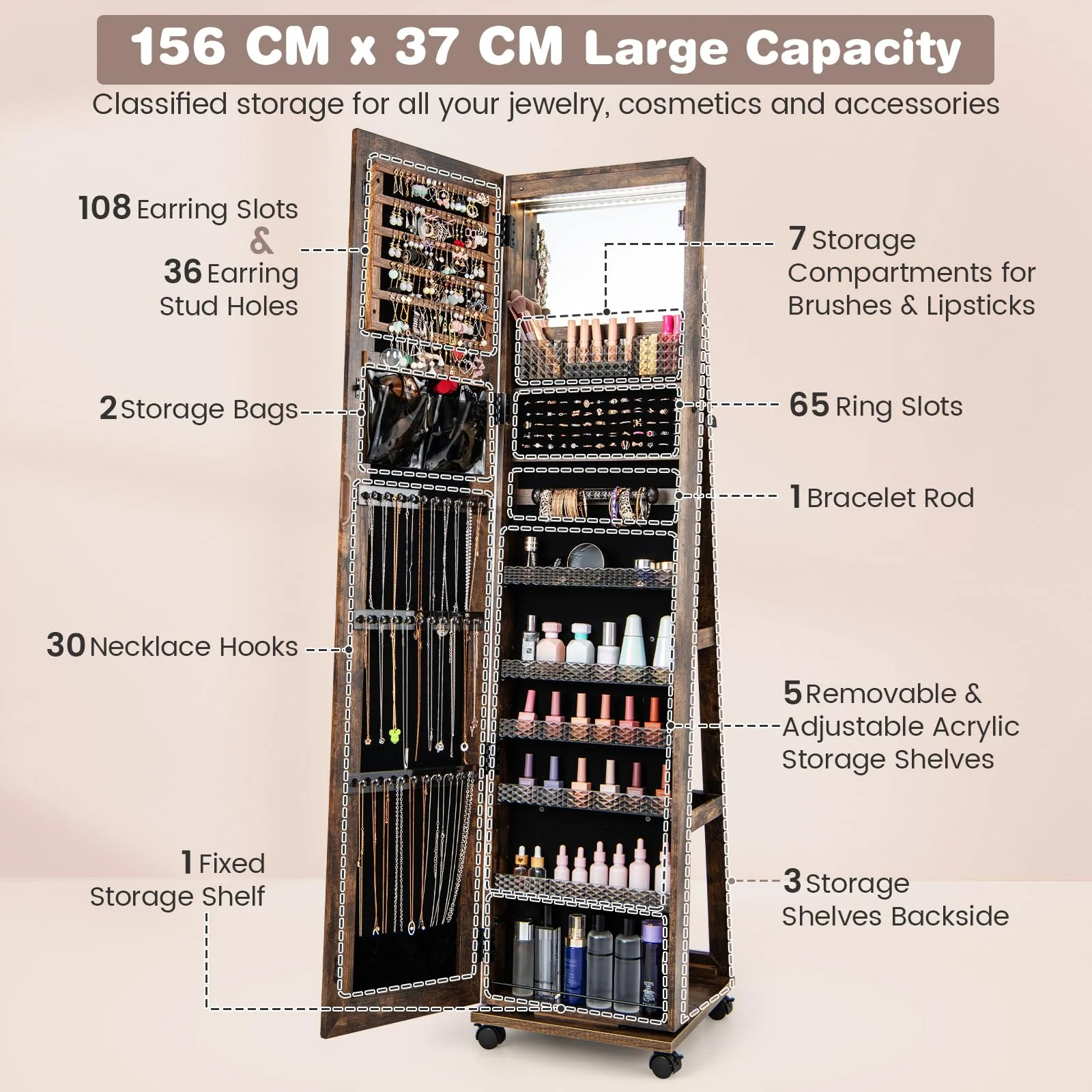 Giantex 164cm Mobile Jewelry Cabinet Armoire, Standing Lockable Jewelry Organizer