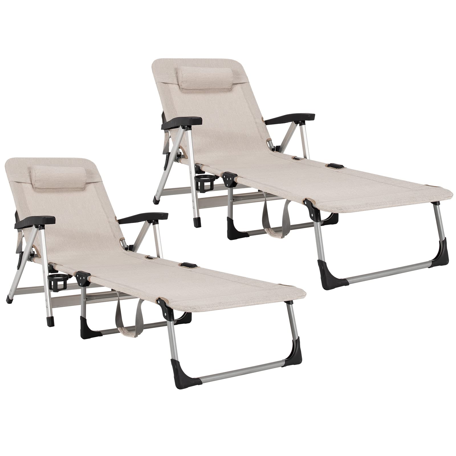 Chaise Lounge Chair, Folding Outdoor Patio Lounger with Cup Holder & Detachable Headrest