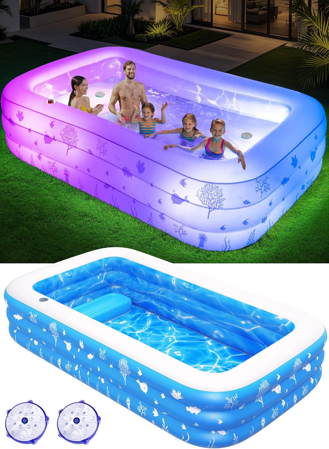Inflatable Pool with Seat and Pool Lights, Durable Thickened Large Size Family Inflatable Pools for Adults Blow Up Pools,105