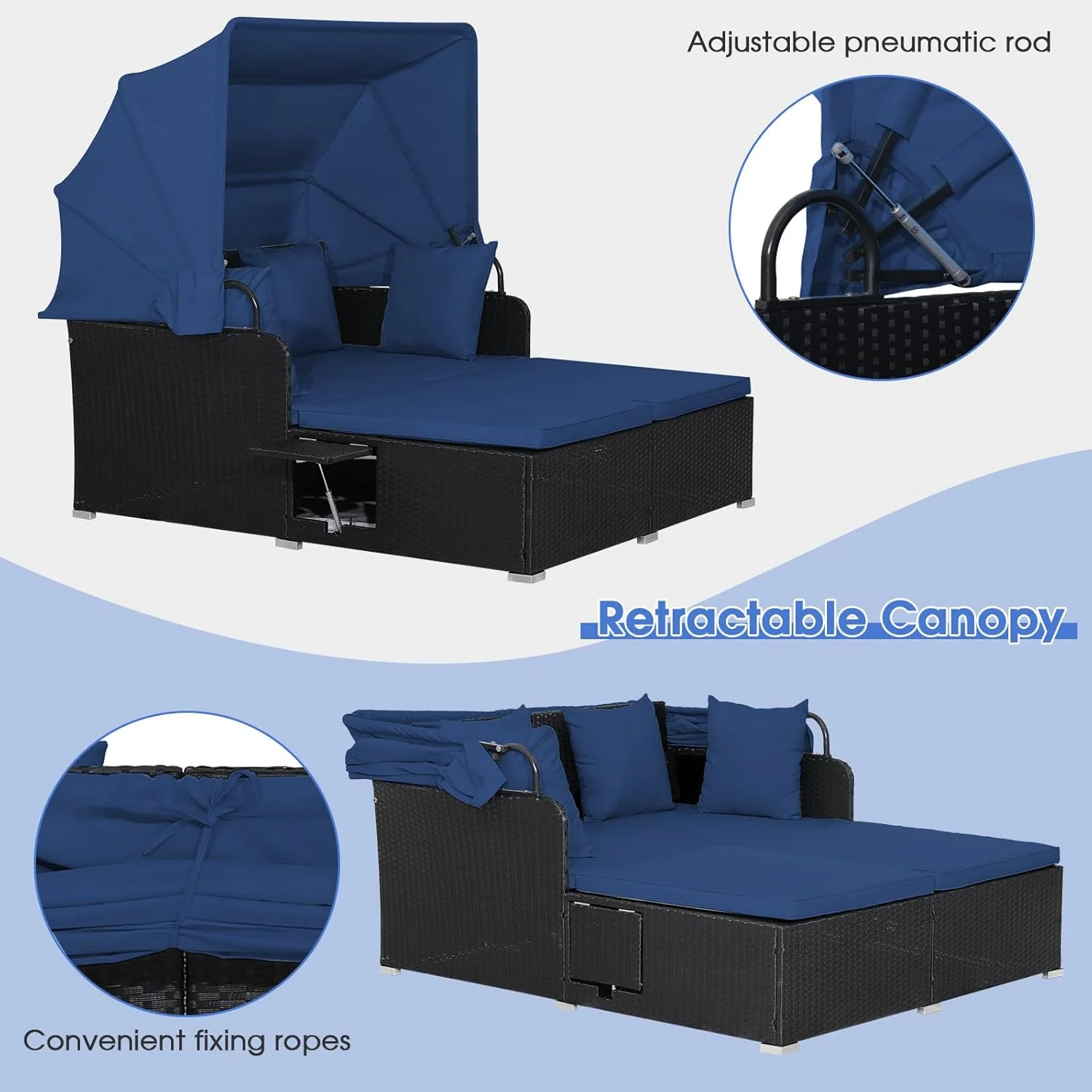 RELAX4LIFE Patio Outdoor Daybed with Canopy, Wicker Sunbed w/Cushions, 4 Pillows & 2 Retractable Side Trays, 2-Person Lounge Bed Conversation for Poolside Porch Garden, Rattan Outdoor Bed (Turquoise)