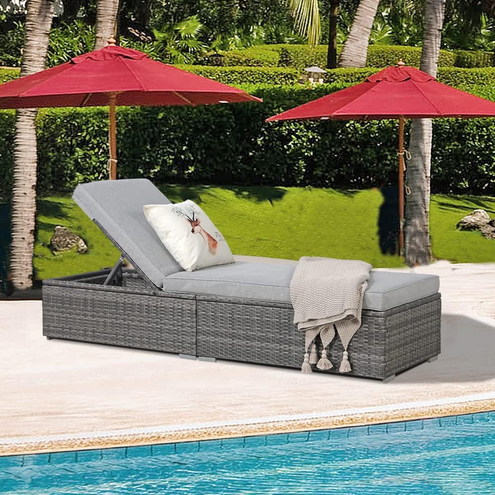 Patiorama Outdoor Patio Lounge Chair, Elegant Reclining Adjustable Pool Rattan Chaise Chair with Beige Cushion, Brown PE Wicker, Steel Frame, Set of 2