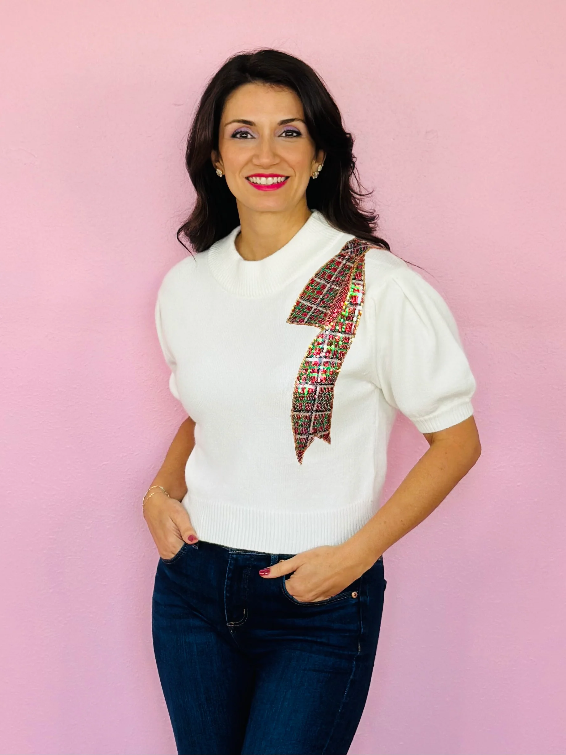 CHRISTMAS BOW SHOULDER SWEATER-WHITE