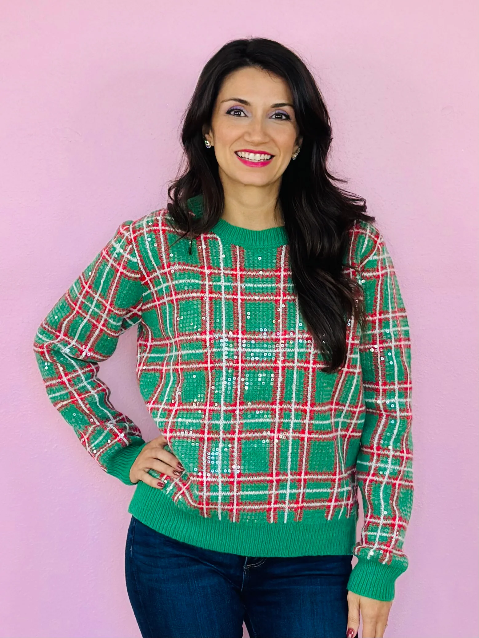 CHRISTMAS PLAID SEQUINED TOP-GREEN
