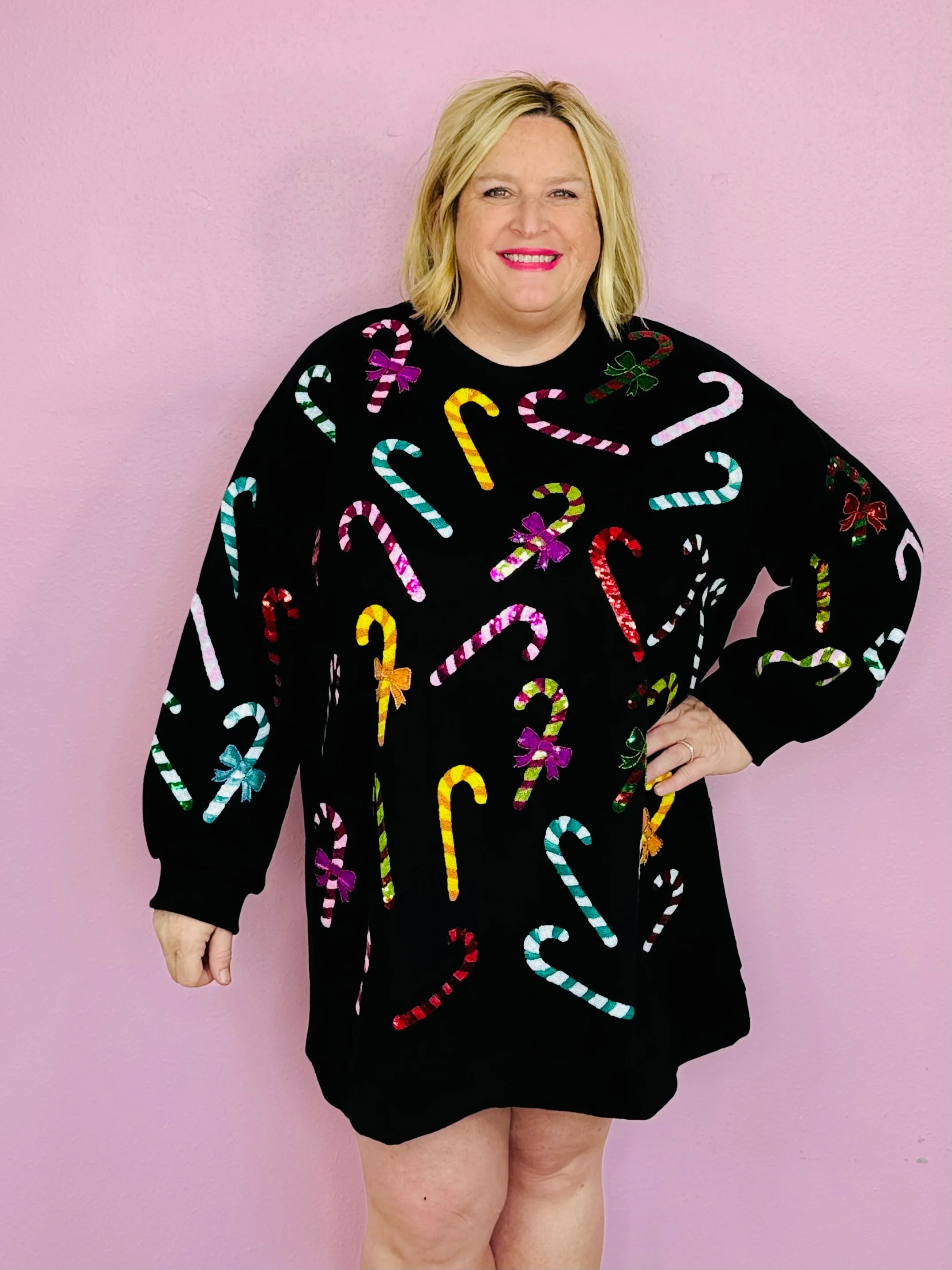 BLACK RAINBOW CANDY CANES SWEATSHIRT DRESS-PLUS