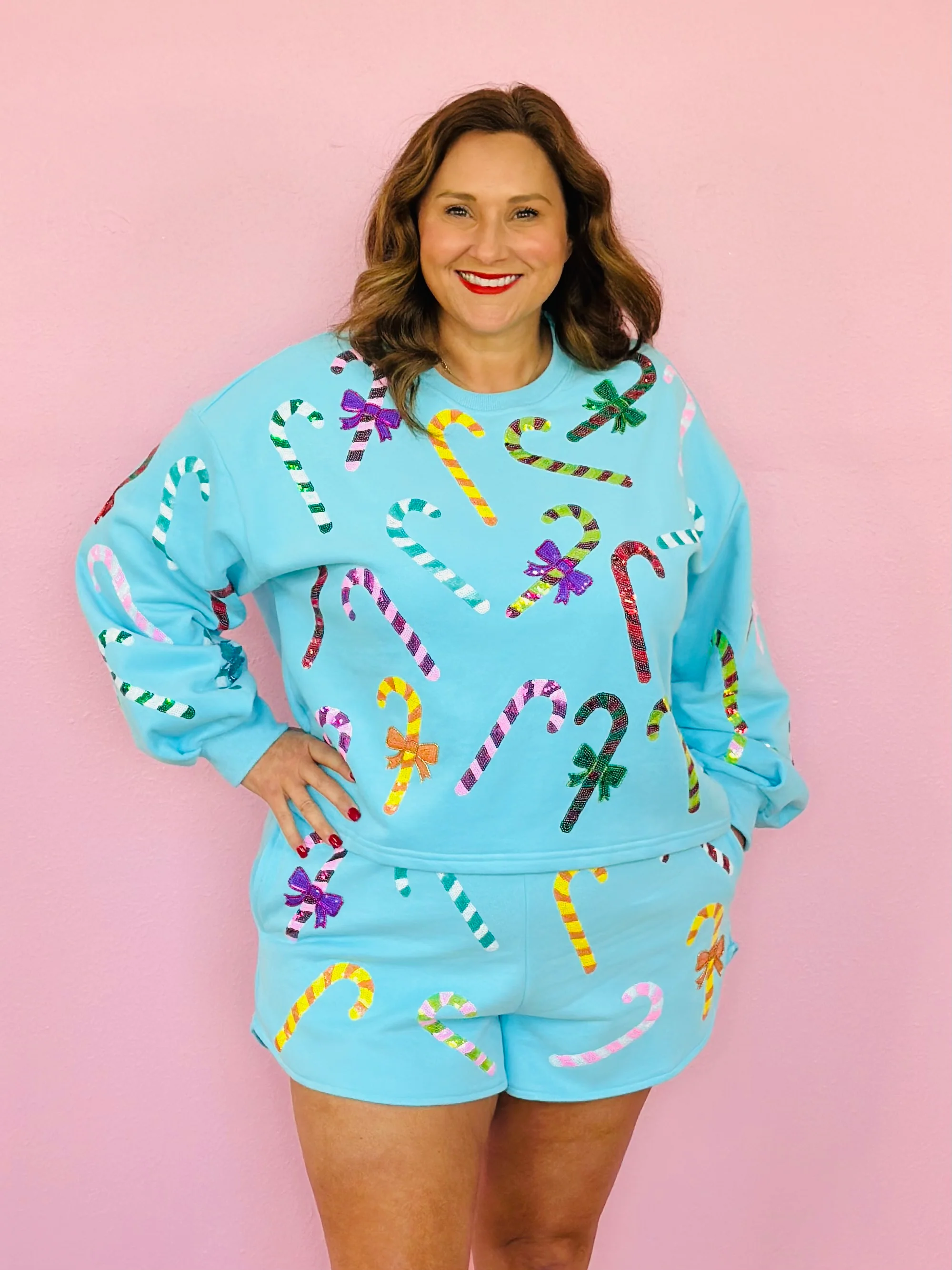 BRIGHT BLUE RAINBOW CANDY CANES SWEATSHIRT