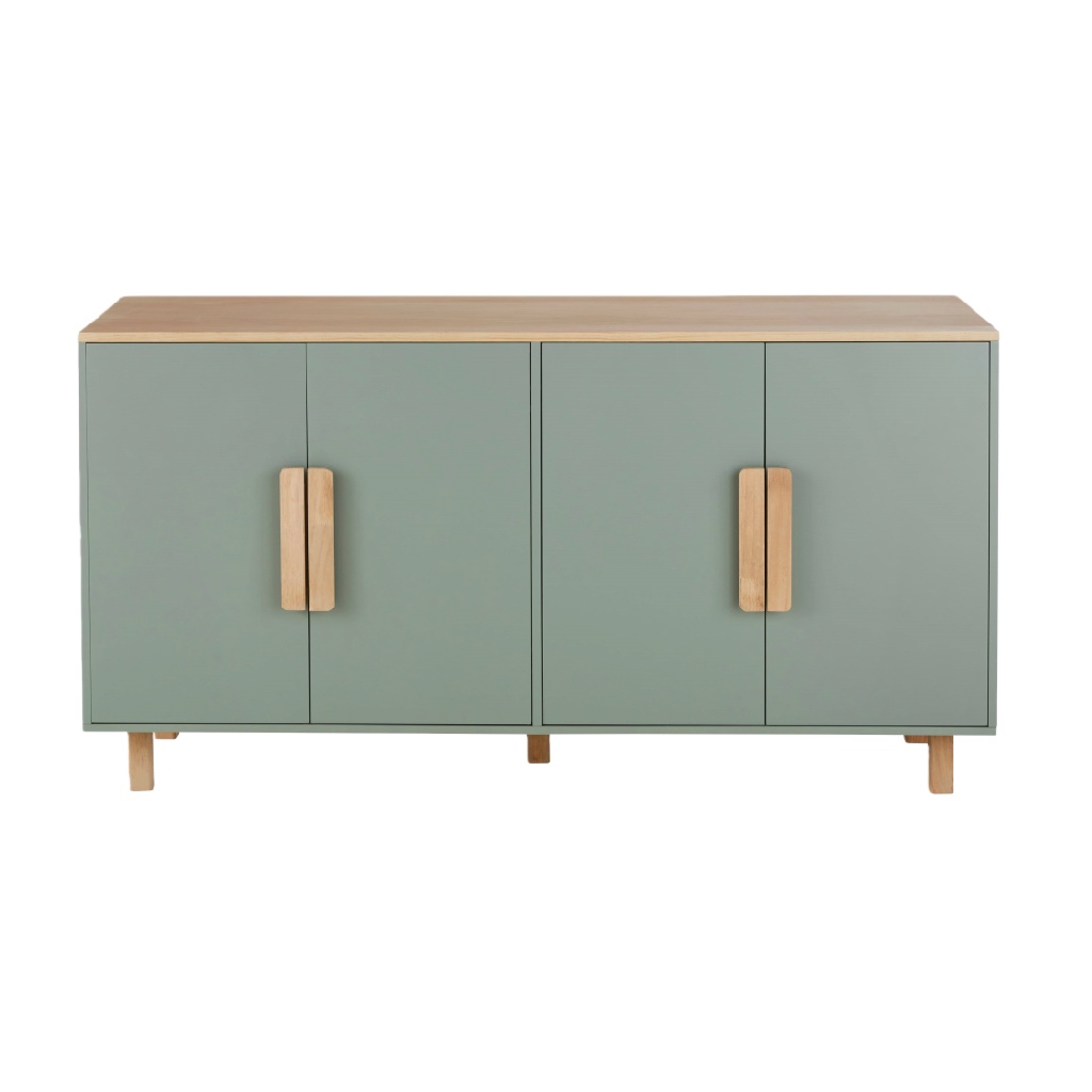 Buffet vert sauge à 4 portes — plateau bois clair — design scandinave / moderne