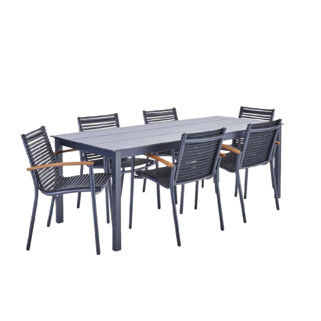 Ensemble repas de jardin 7 pièces – structure aluminium bleu gris et assises en corde tressée