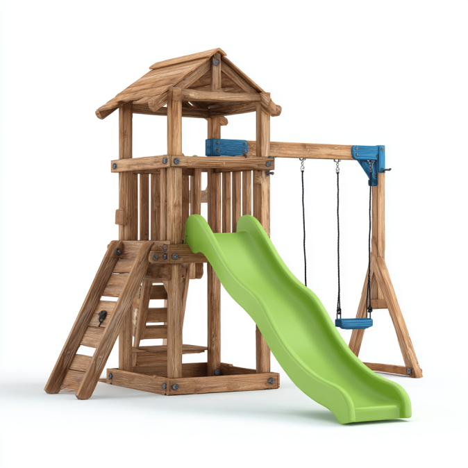 Ensemble de jeux en bois avec toboggan vert et balançoires bleues pour enfants