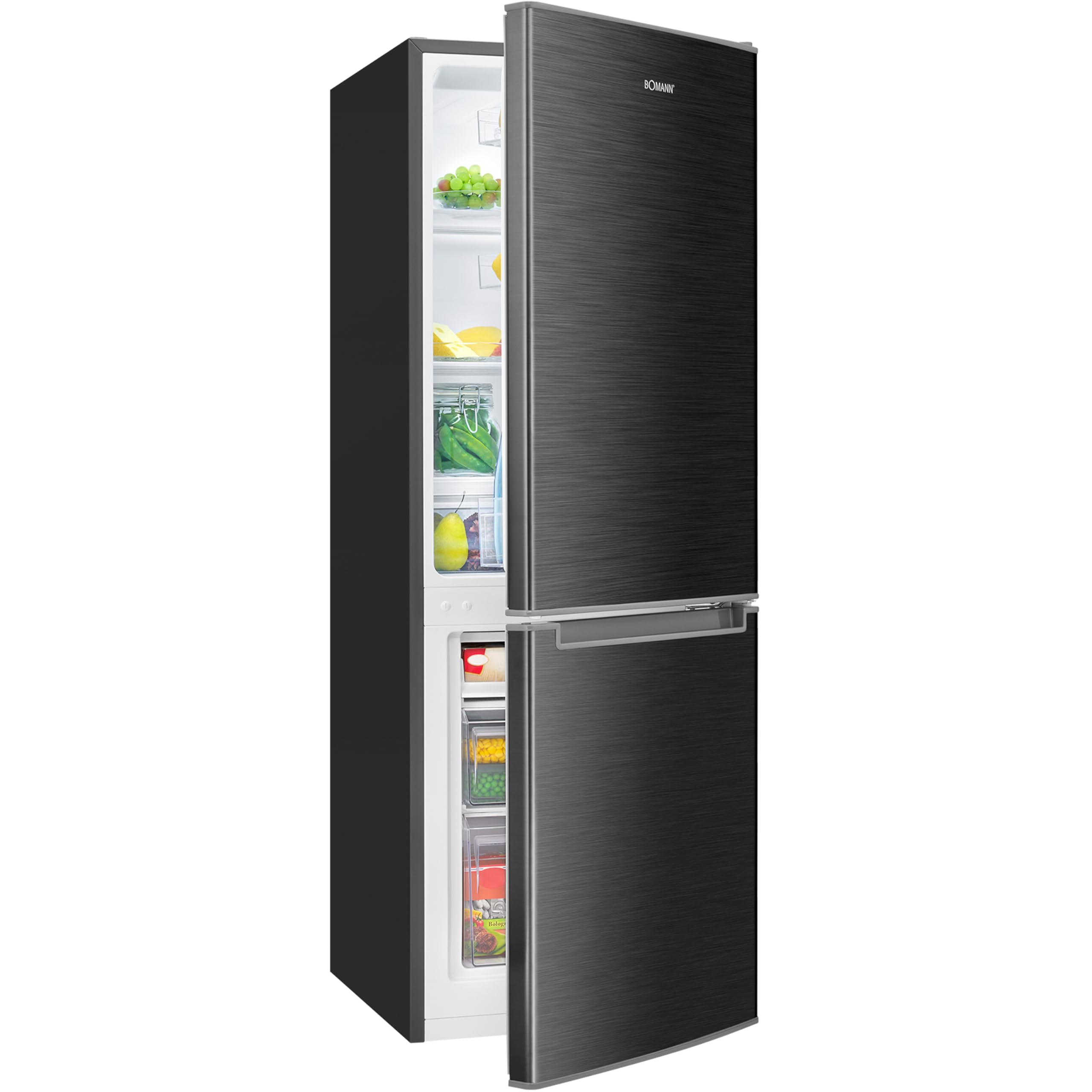 Bomann, Réfrigérateur et Congélateur 173L KG7359-Noir, 121L Réfrigérateur, 52L Congélateur 4 Étoiles, Contrôle Température, Éclairage LED, Design Réve