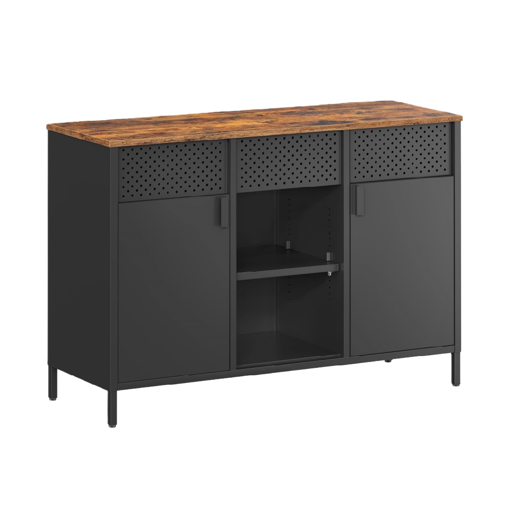 Buffet industriel noir avec plateau en bois rustique