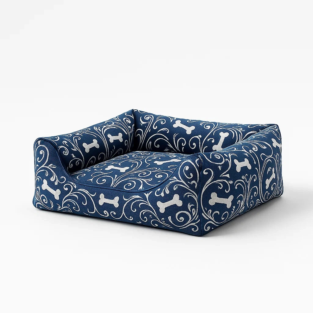 Coussin pour chien en tissu bleu motif os