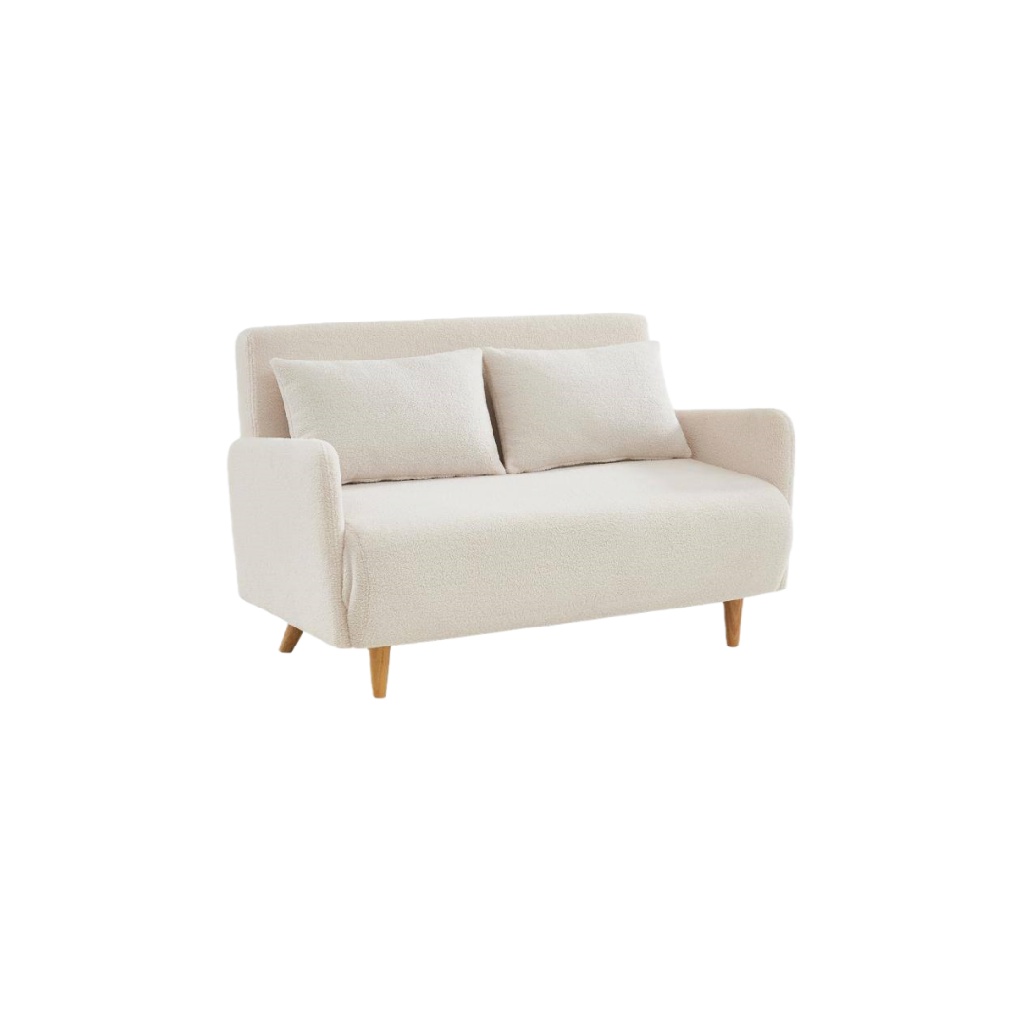 Canapé 2 places en tissu bouclette beige avec pieds en bois