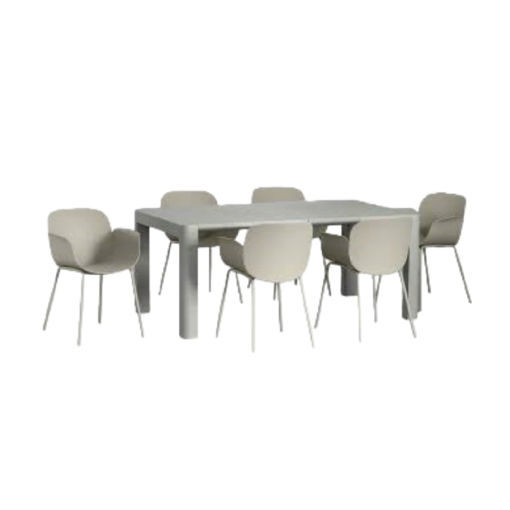 Ensemble repas moderne 7 pièces, table rectangulaire et 6 chaises design en polypropylène gris clair