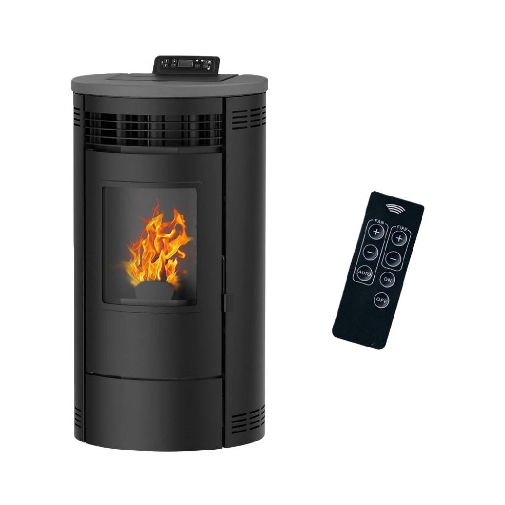 Poêle à Granulés de Bois Cylindrique Noir – Chauffage 9 kW – Télécommande et Panneau Digital – Design Moderne