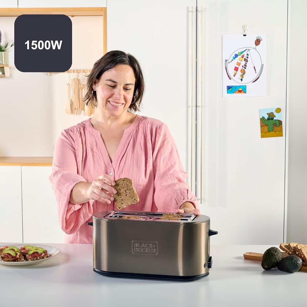 Black+Decker - Grille-Pain Extra Large 1500W | Fentes grandes 260x42mm | 7 Niveaux de Brunissage | 6 Bandes de Mica Incandescent | 3 Fonction Intégrées | Support Pliable pour Viennoiseries : Cuisine et Maison