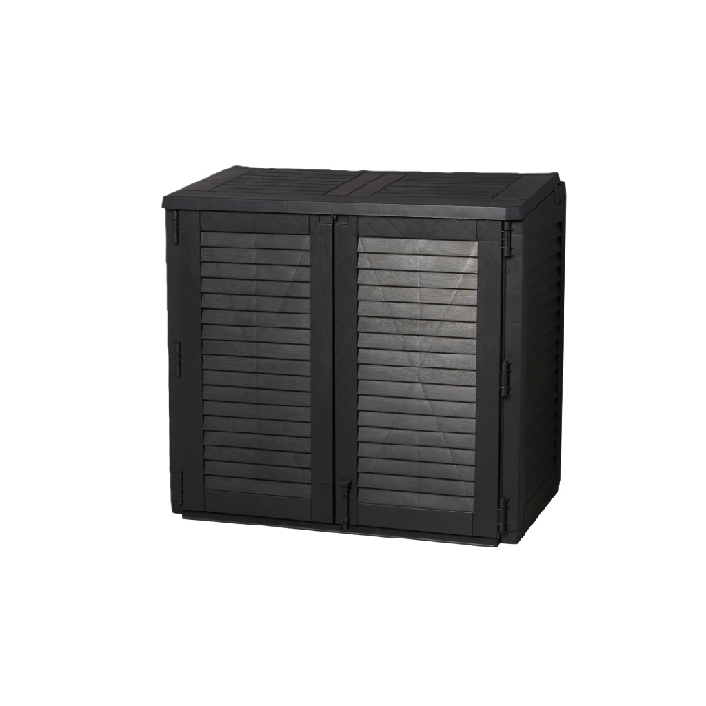 Armoire de rangement extérieure noire à effet persienne, structure en résine PP résistante aux intempéries