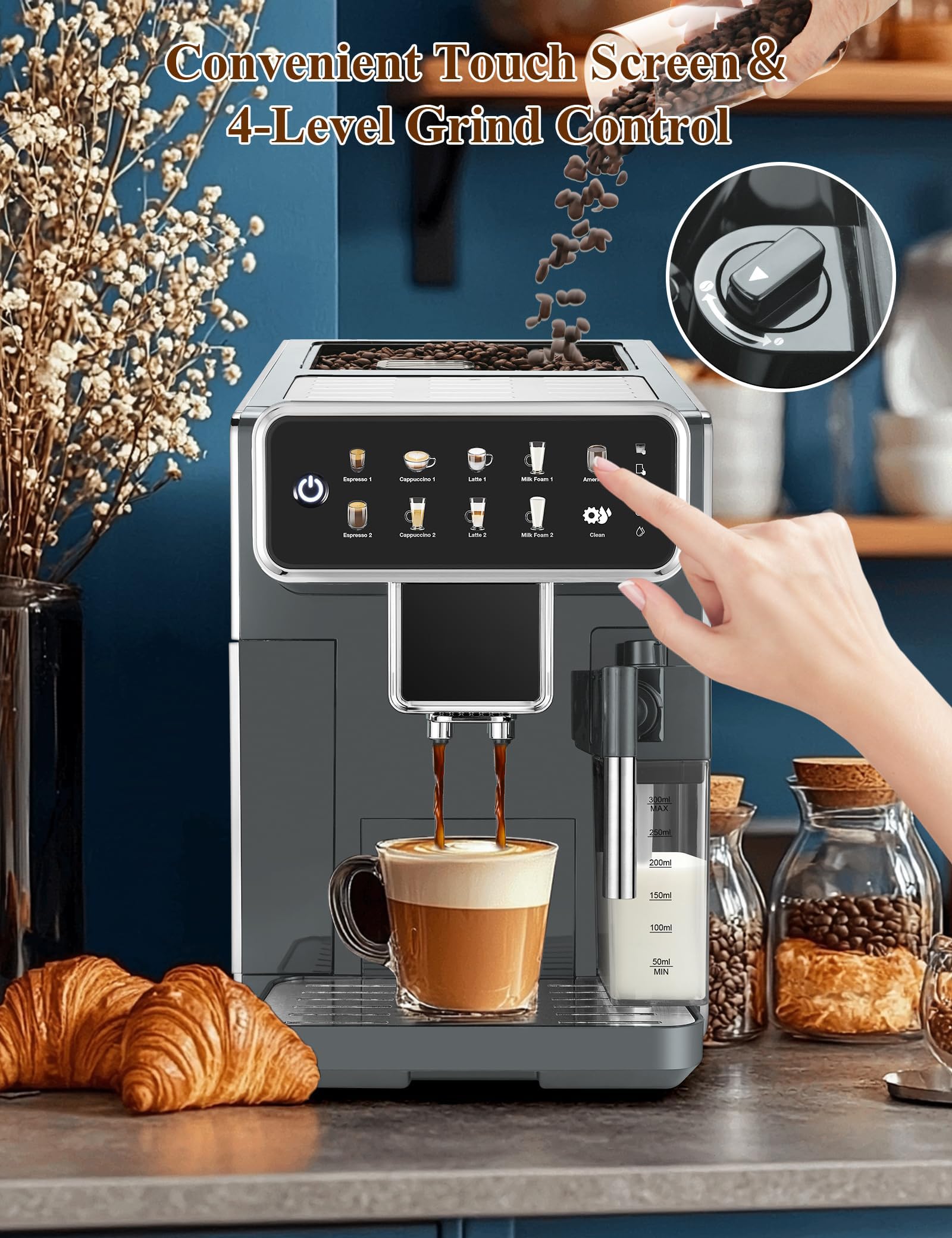 Machine à Expresso entièrement Automatique, broyeur de café électrique avec broyeur à 3 Niveaux intégré, Fonction d'auto-Nettoyage 12 Tasse de café po