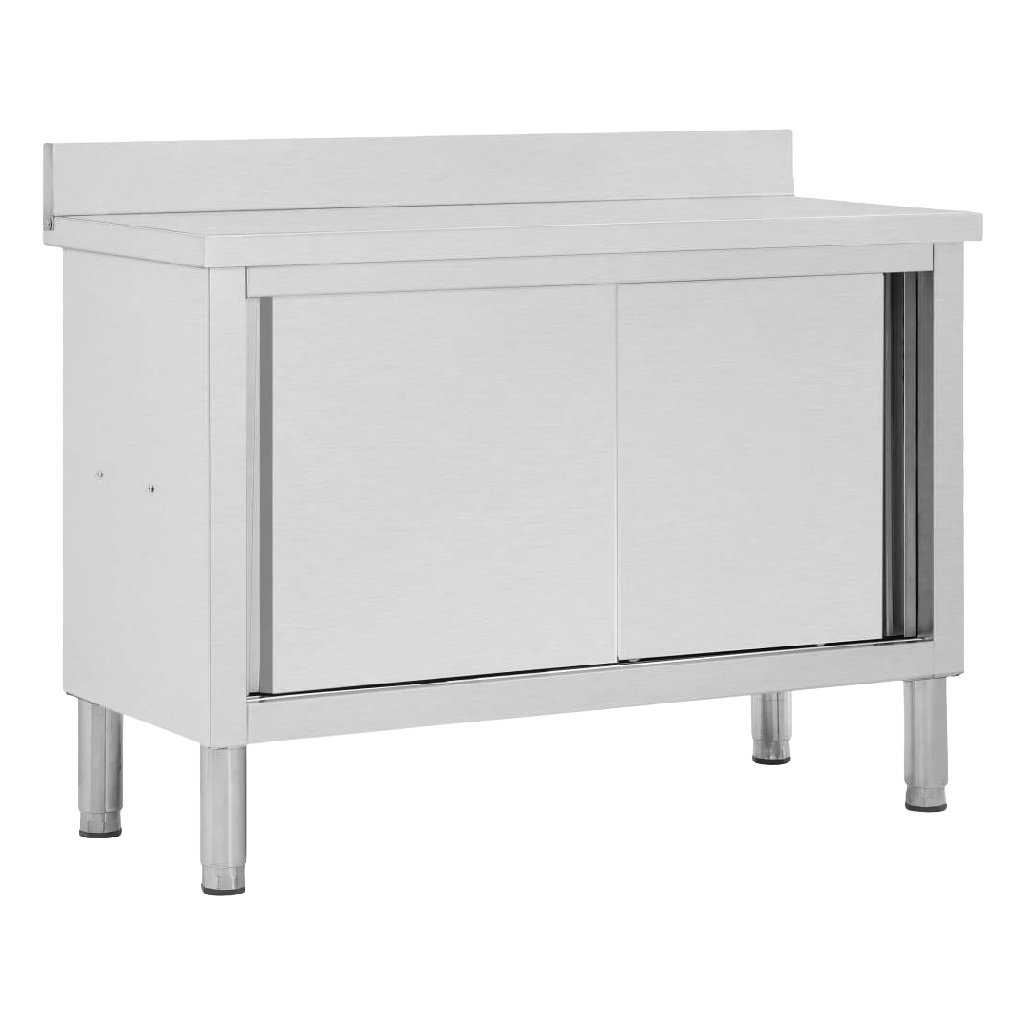 Table de travail professionnelle en acier inoxydable avec portes coulissantes – meuble de cuisine industriel 120 cm