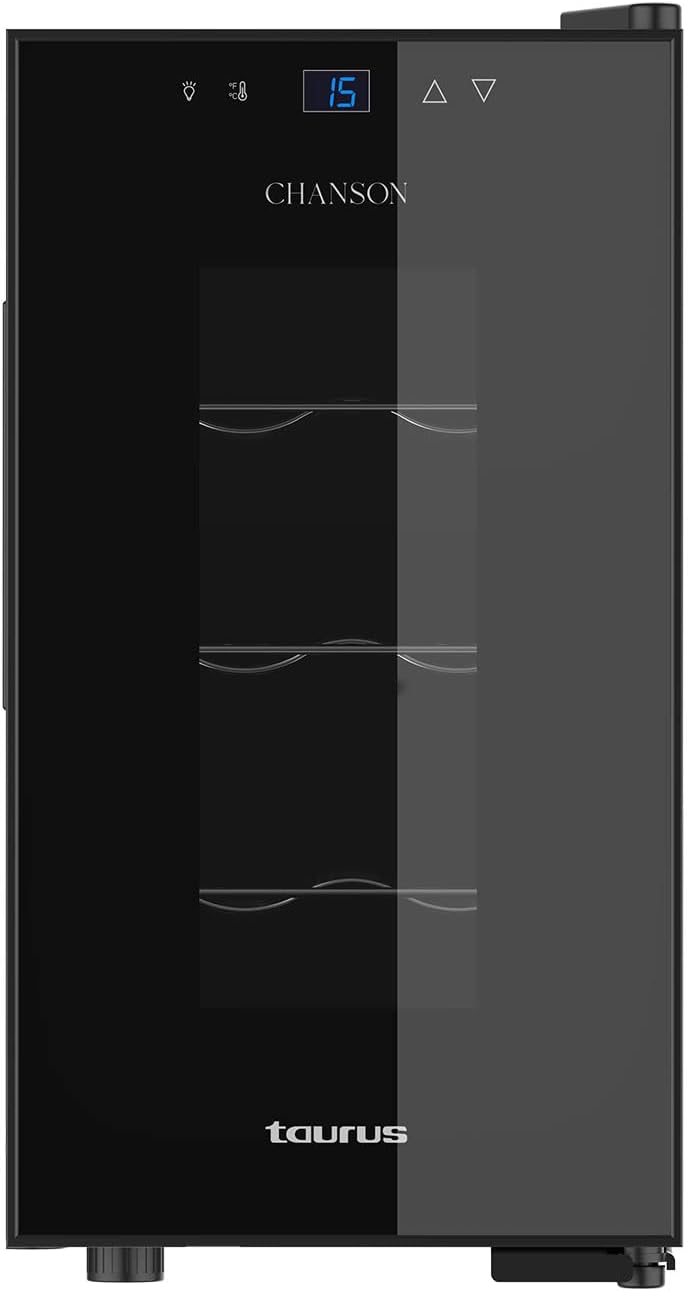 Taurus WC8T - Cave à vin thermoélectrique pour 8 bouteilles, 11-8ºC, silencieuse, ne vibre pas, isolation intérieure spéciale, porte vitrée, température réglable, lumière intérieure douce, noir