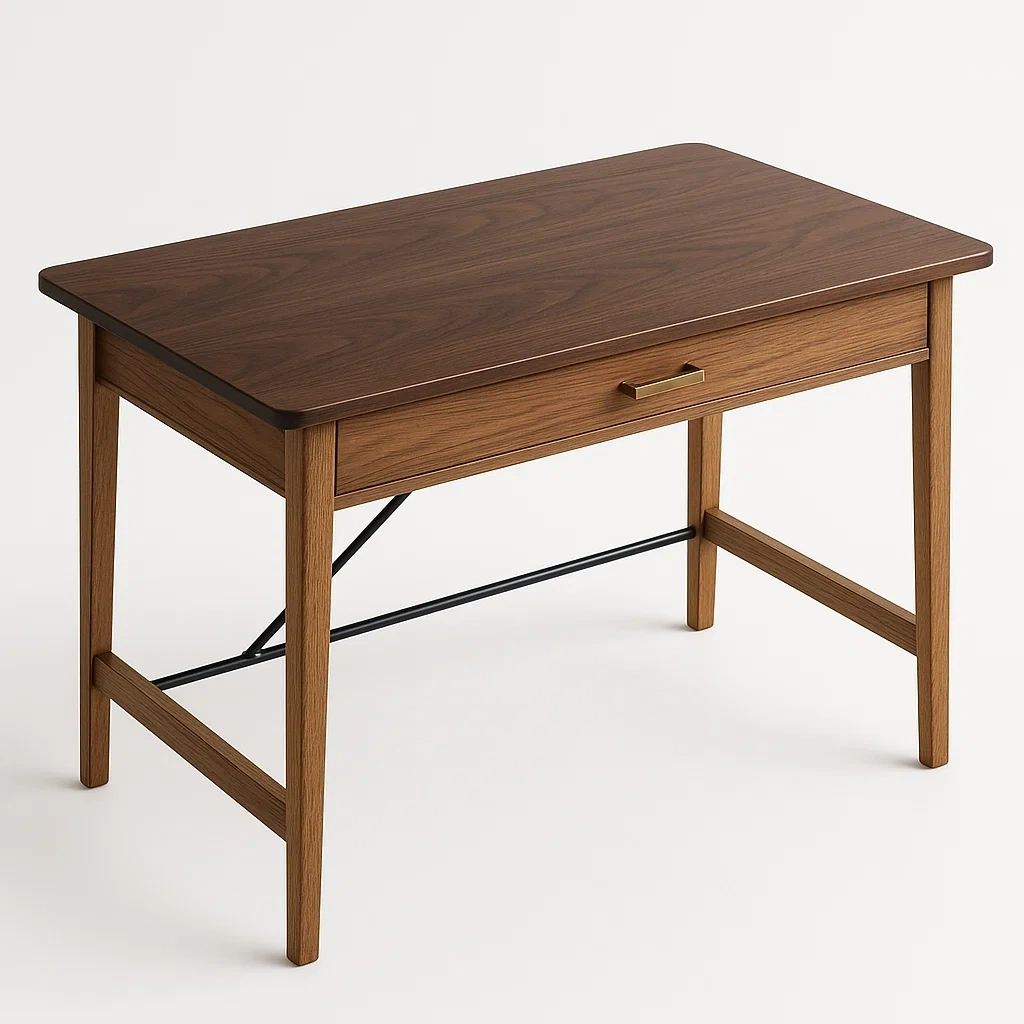 Bureau rectangulaire en bois marron avec tiroir et structure métallique