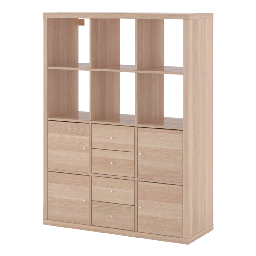 Bibliothèque avec tiroirs en bois clair – meuble de rangement multifonction moderne – étagère avec cases ouvertes et fermées