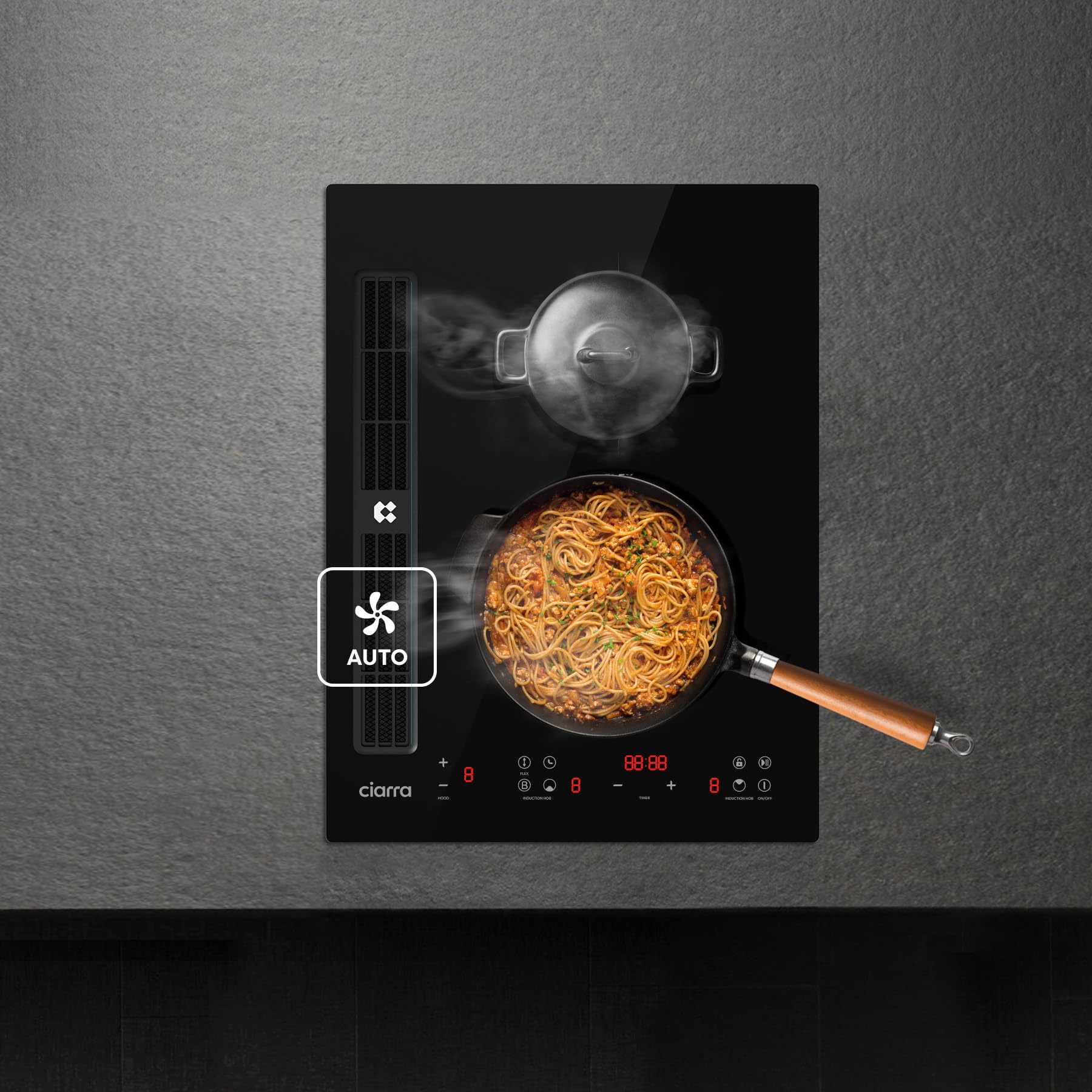 CIARRA ONE CBBEH392BF Plaque de cuisson à induction avec hotte aspirante, hotte de table intégrée, 39 cm, 2 plaques, Flexzone, 9 niveaux, sécurité enf