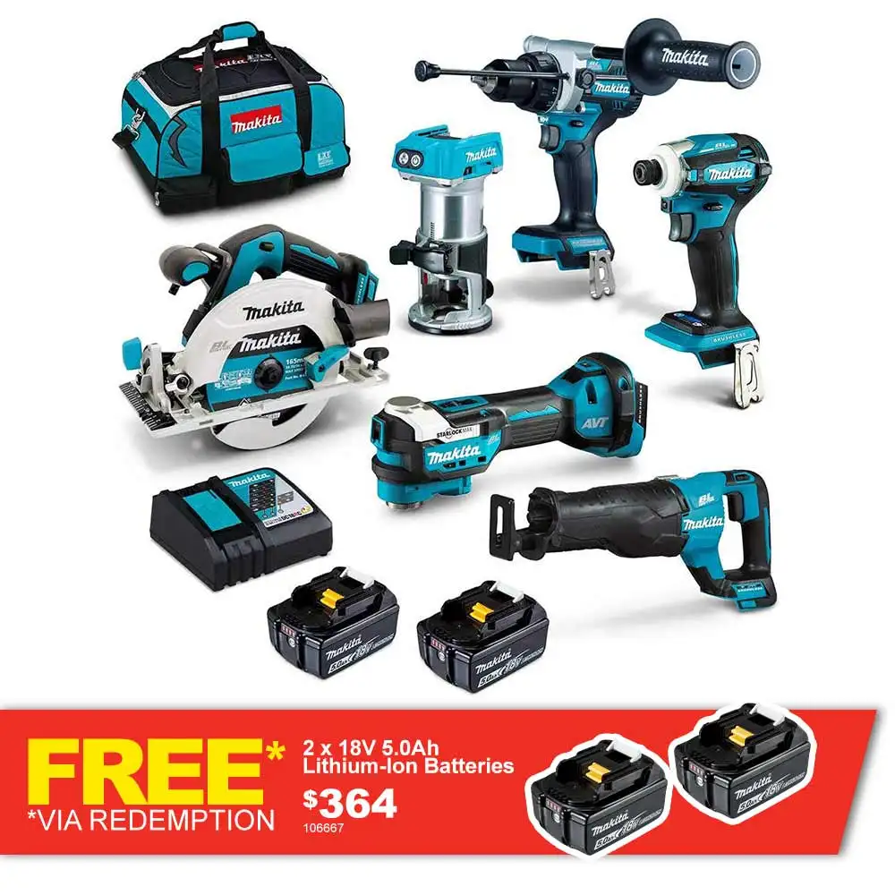 MAKITA 18V BRUSHLESS 6 PIECE 2 X 5.0AH COMBO KIT DLX6120TX1