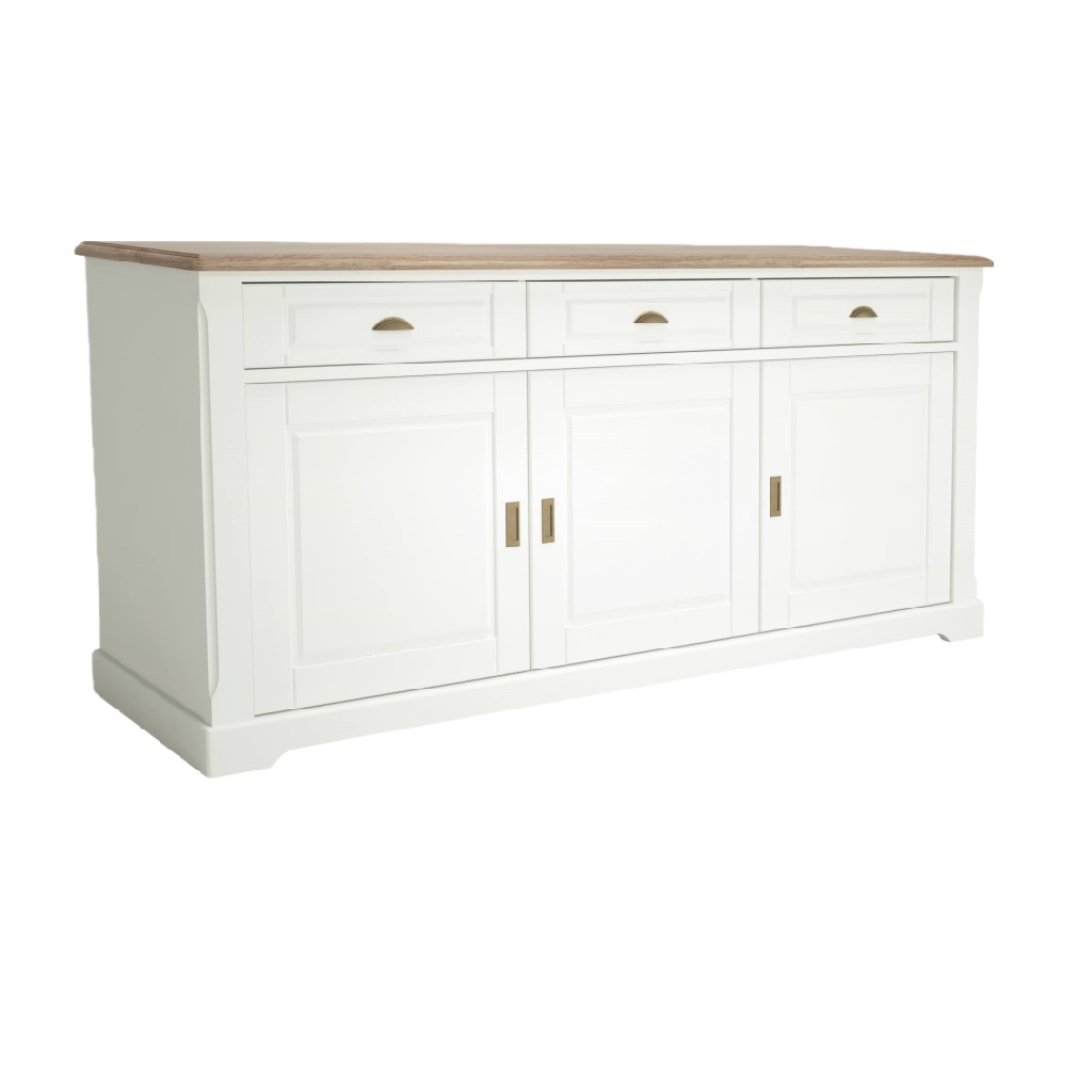 Buffet blanc 3 portes et 3 tiroirs — plateau en chêne clair — style maison de campagne / classique chic