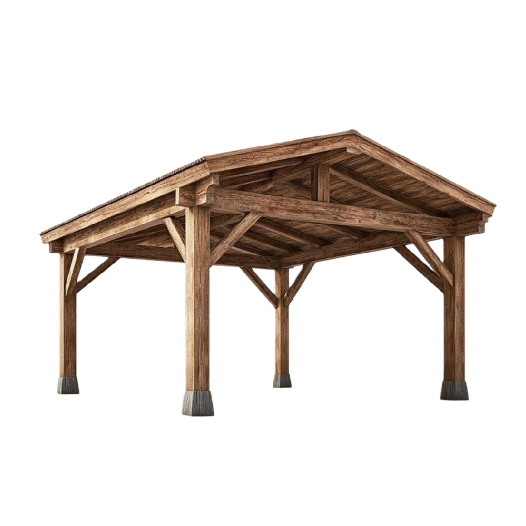 Carport en bois à double pente – structure robuste pour voiture ou terrasse – couleur bois naturel